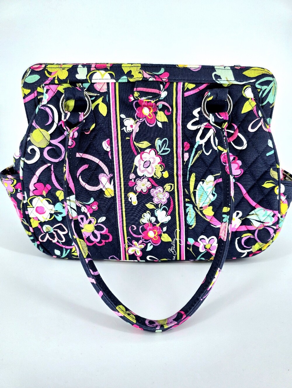 Vera Bradley Eloise Handbag Retired Ribbons Navy Pink Floral Quilted EUC